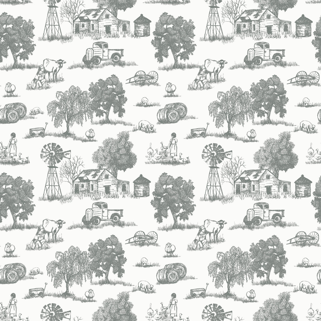 Winona Vintage Farmhouse Wallpaper in Grey and Off-White