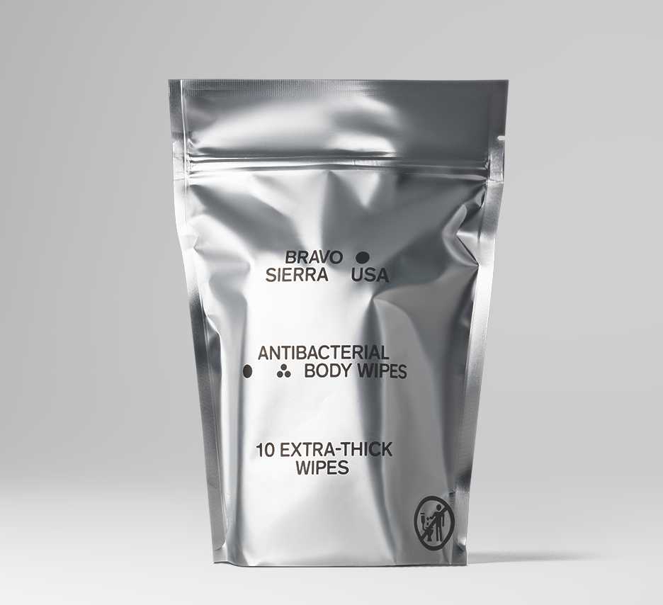 Silver packet of 10 extra-thick antibacterial body wipes by Bravo Sierra