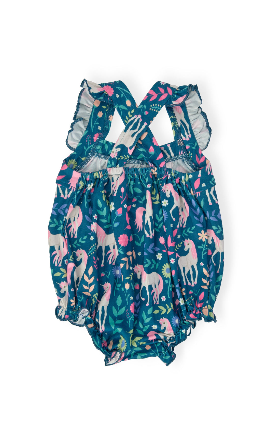 Unicorn Floral Ruffle Cross Back Romper for Baby Girls - Image 2