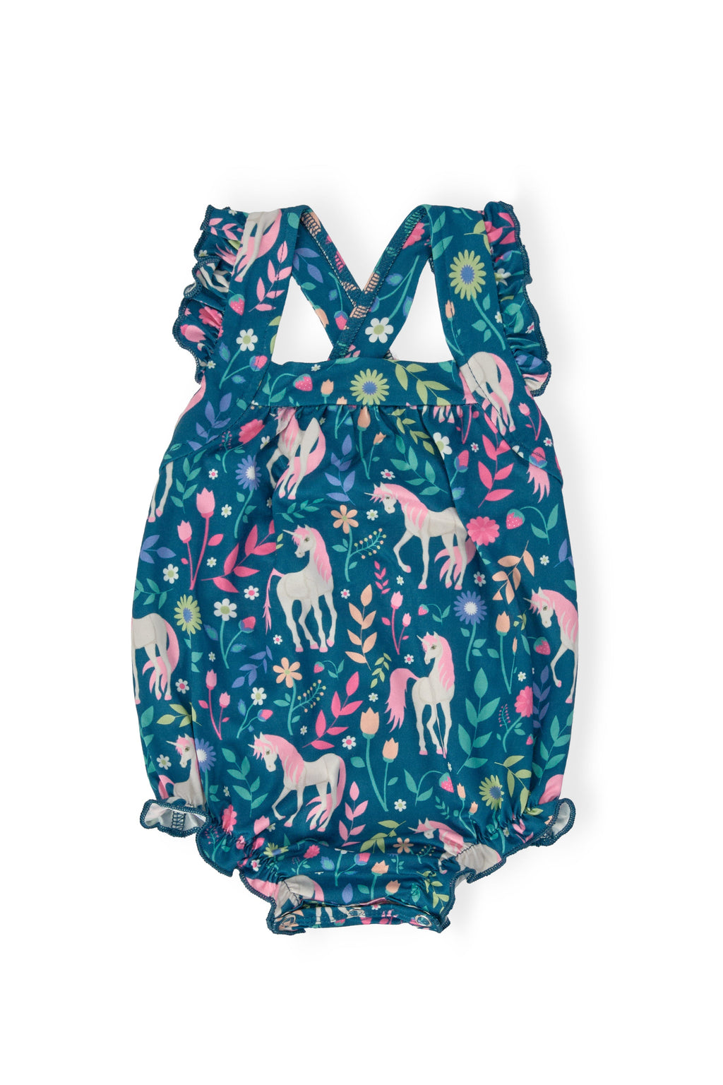 Baby girl ruffle cross back romper featuring a unicorn and floral print on a teal background.