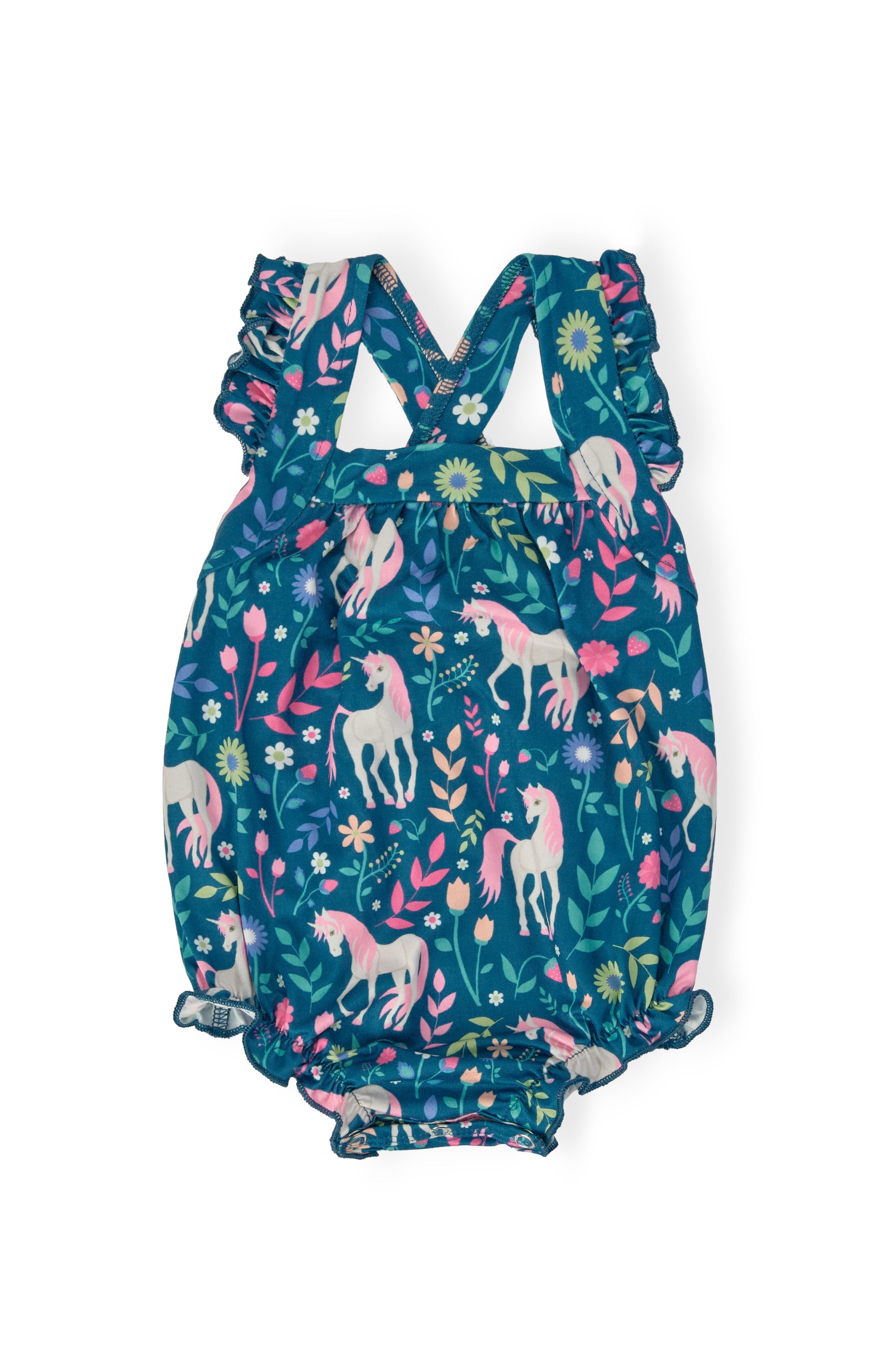 Baby girl ruffle cross back romper featuring a unicorn and floral print on a teal background.