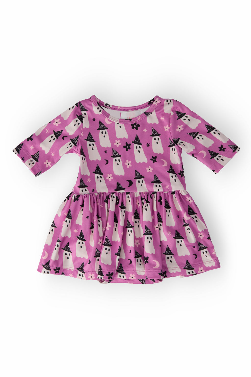 Baby wearing a bright pink long-sleeve twirl bodysuit with a cute white ghost and witch hat pattern