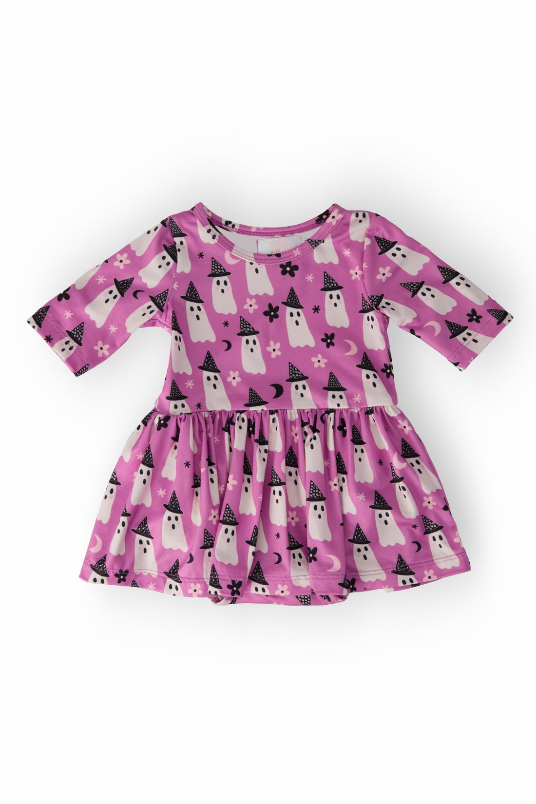 Baby wearing a bright pink long-sleeve twirl bodysuit with a cute white ghost and witch hat pattern