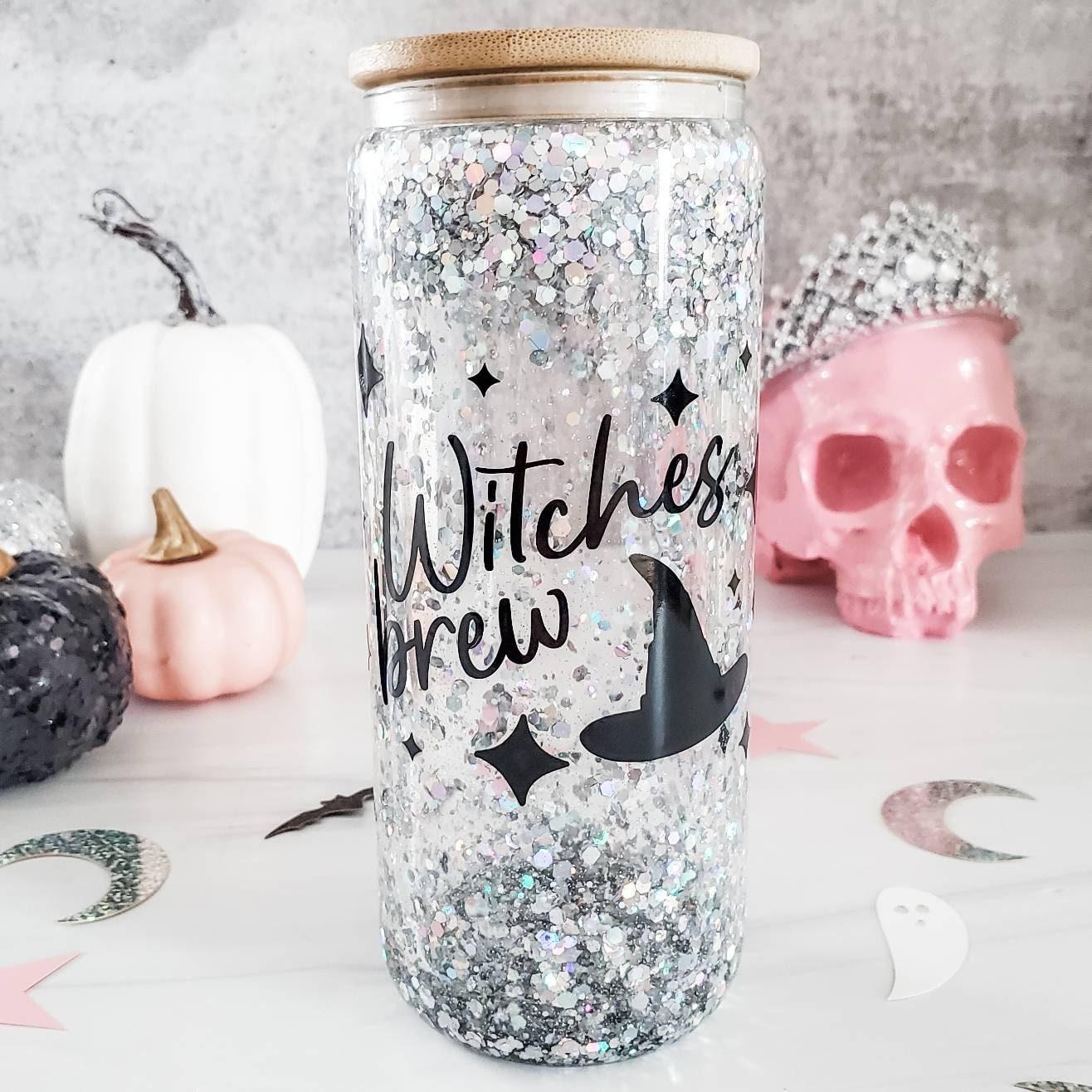 Witches Brew Halloween Snowglobe Glitter Iced Coffee Cup