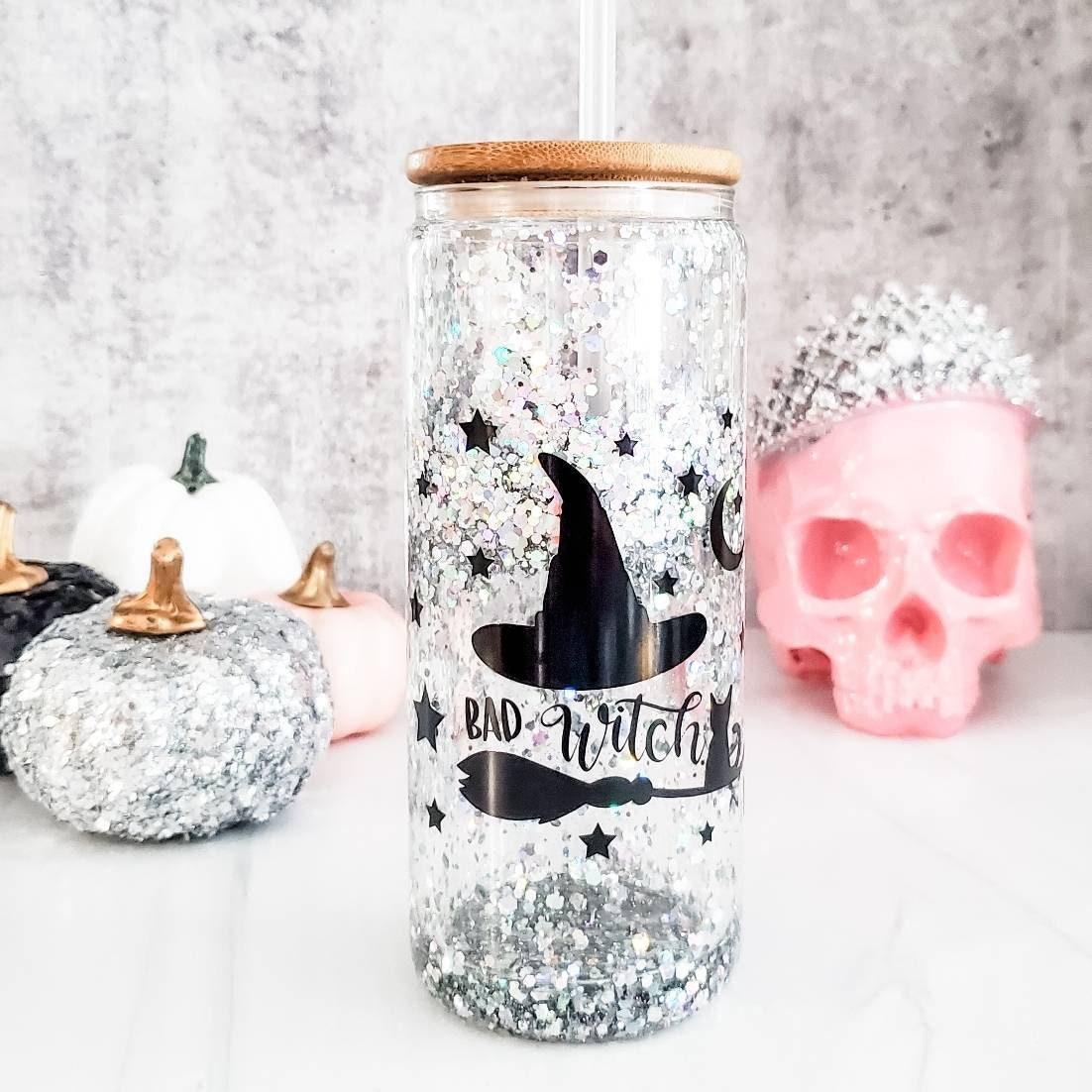 Witches Brew Halloween Snowglobe Glitter Iced Coffee Cup