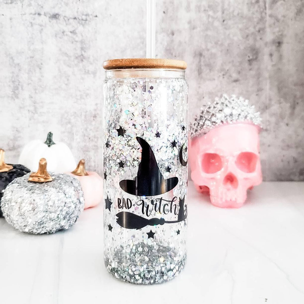 Witches Brew Halloween Snowglobe Glitter Iced Coffee Cup