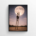 Surreal art poster featuring a solitary figure climbing a ladder toward a large, glowing moon.