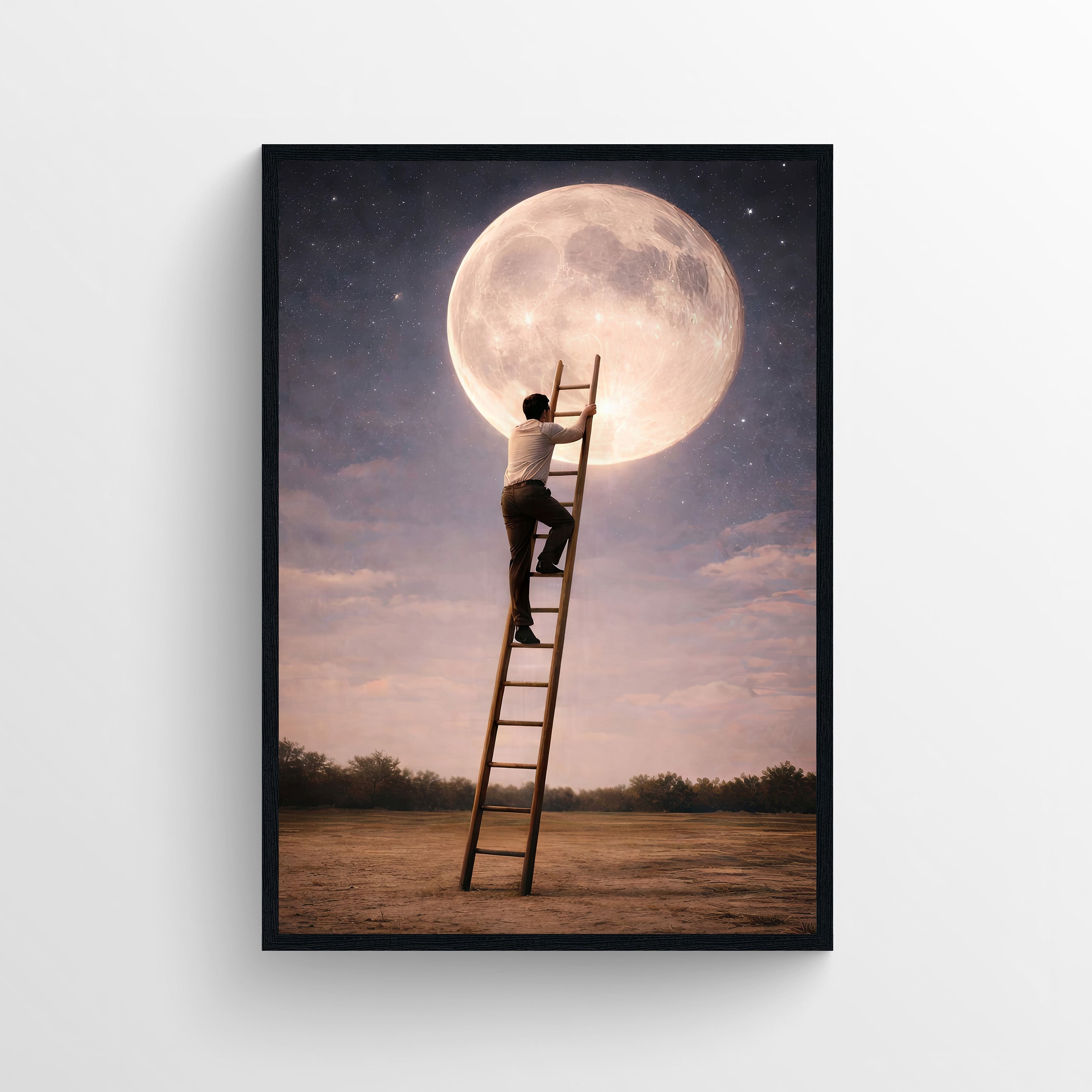 Surreal art poster featuring a solitary figure climbing a ladder toward a large, glowing moon.