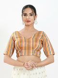 Joban Fashion Peach Multi Brocade Padded Blouse With V Neck Elbow Sleeves