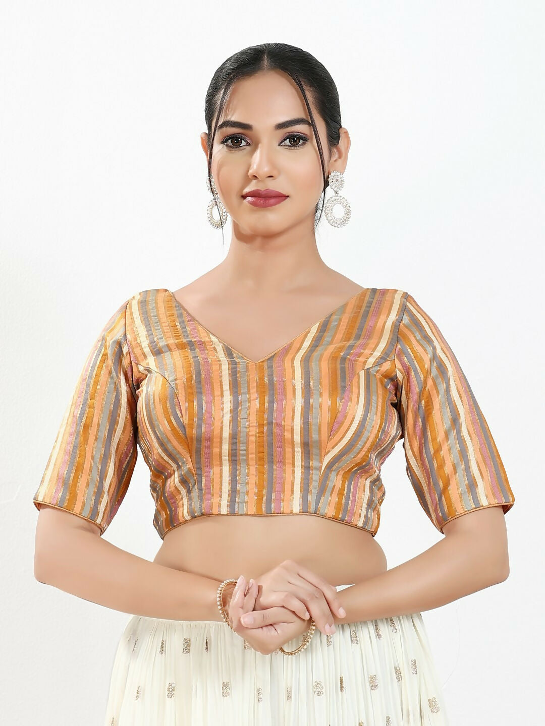 Joban Fashion Peach Multi Brocade Padded Blouse With V Neck Elbow Sleeves