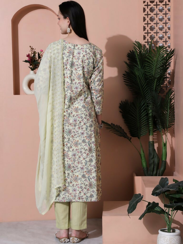 Green Cotton Floral Print Straight Kurta Set with Dupatta