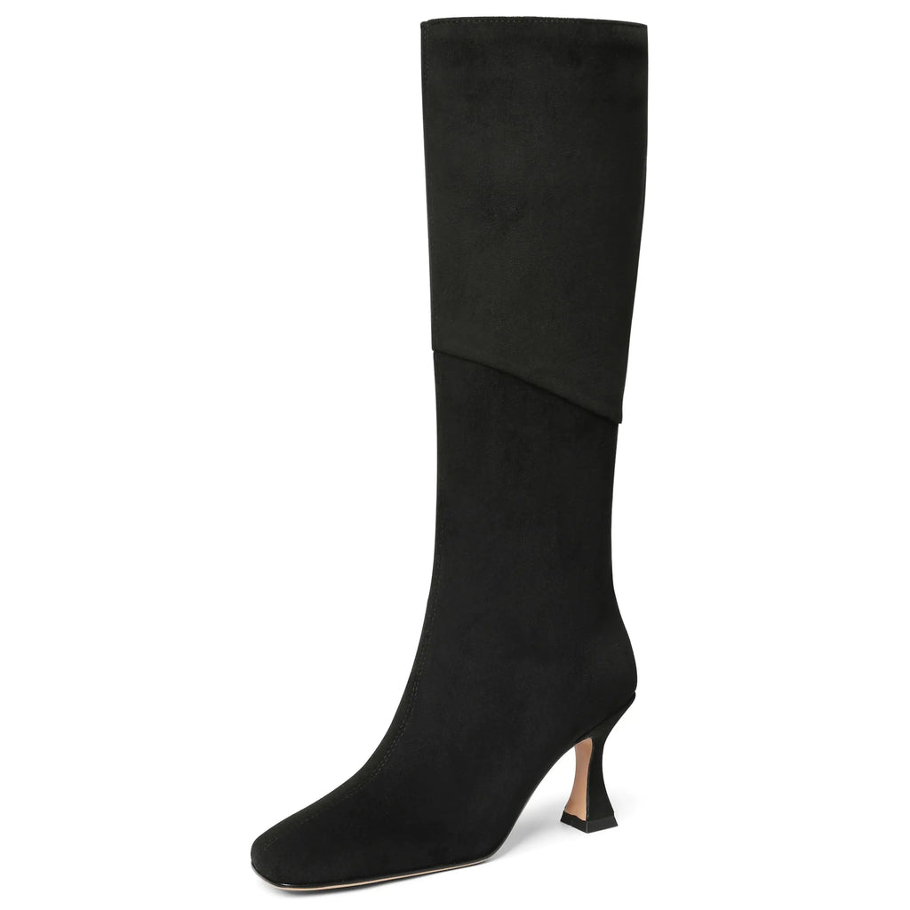 CYNLLIO Knee High Boots for Women Squared Toe Stiletto Tall Black Heel Boots Long Suede Boots Wide Calf Warm Winter Boots