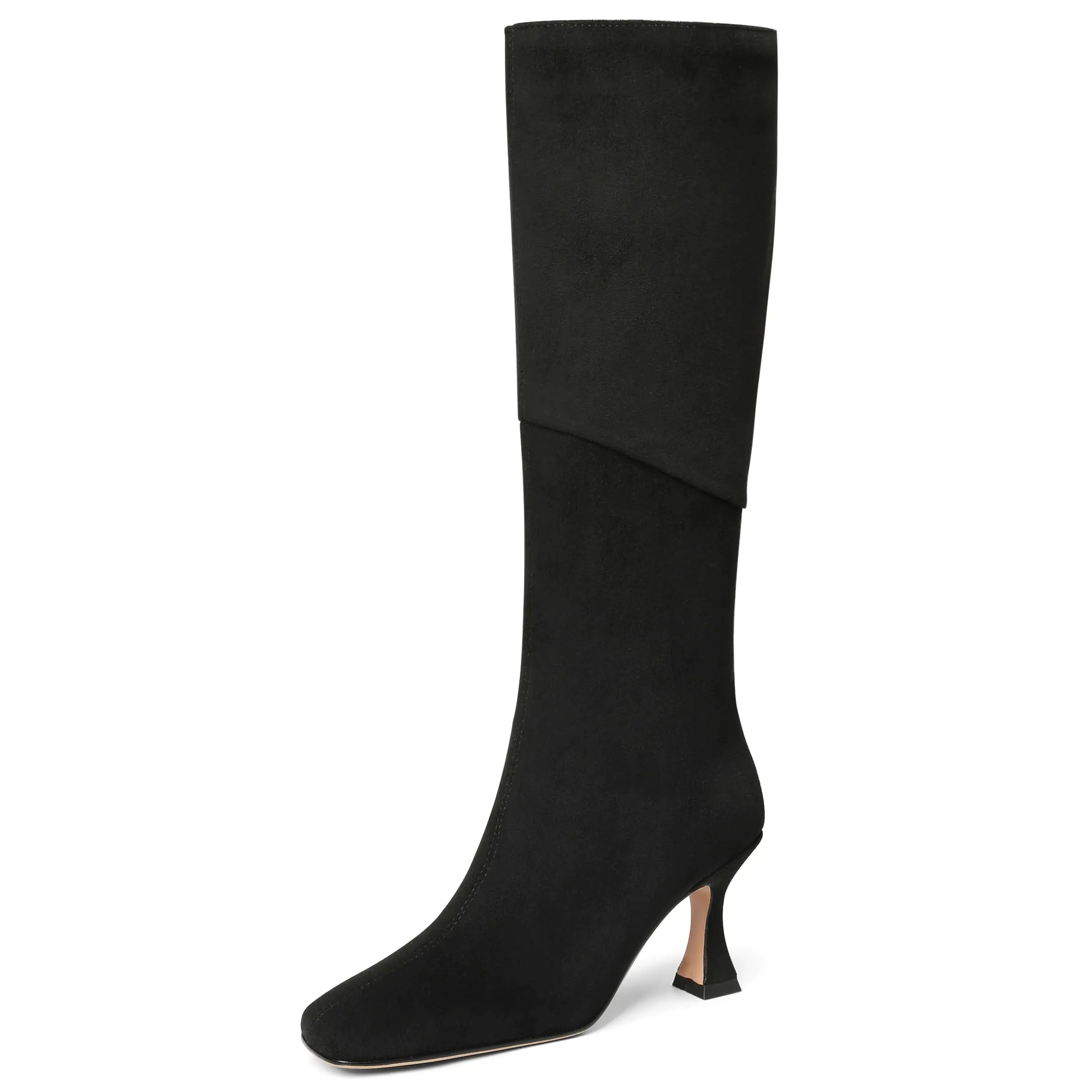 CYNLLIO Knee High Boots for Women Squared Toe Stiletto Tall Black Heel Boots Long Suede Boots Wide Calf Warm Winter Boots