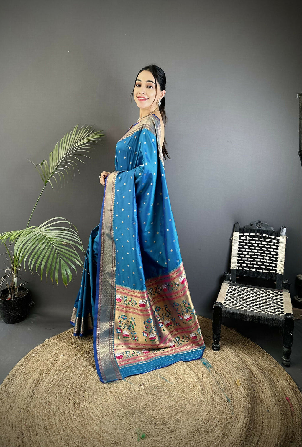 Blue Butti Woven Soft Lichi Silk Paithani Saree with Blouse