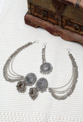 Silver-tone Bahubali earrings and maang tikka set for traditional festive wear