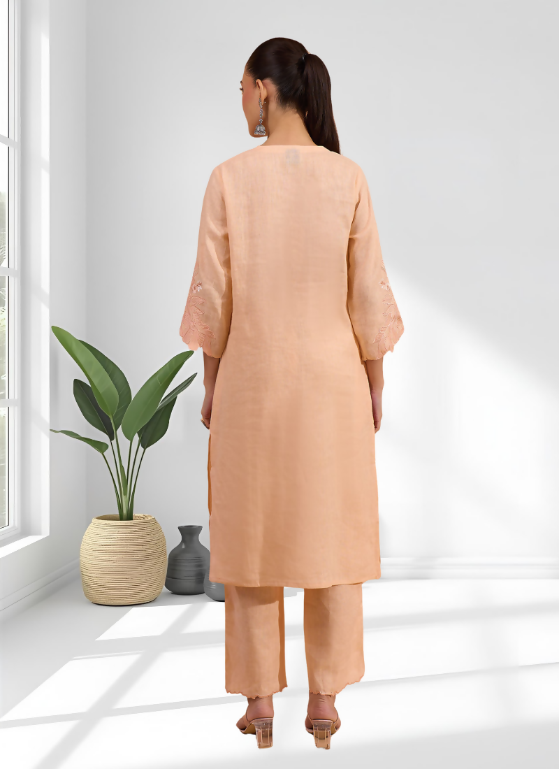 Coral Embroidered Linen Long Kurta with Matching Pants Set