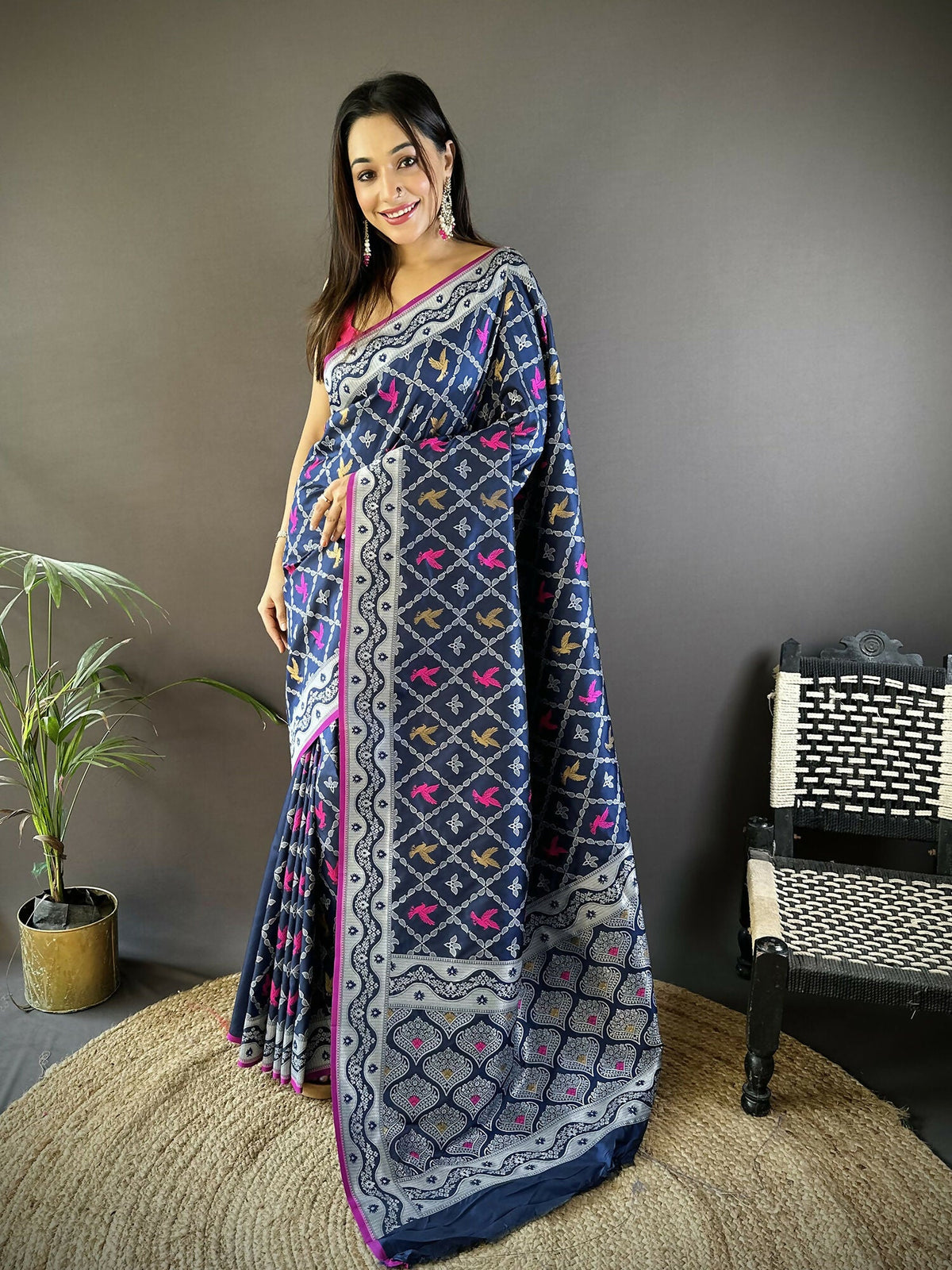 Royal Blue Lichi Soft Silk Banarasi Saree with traditional Jacquard woven patterns
