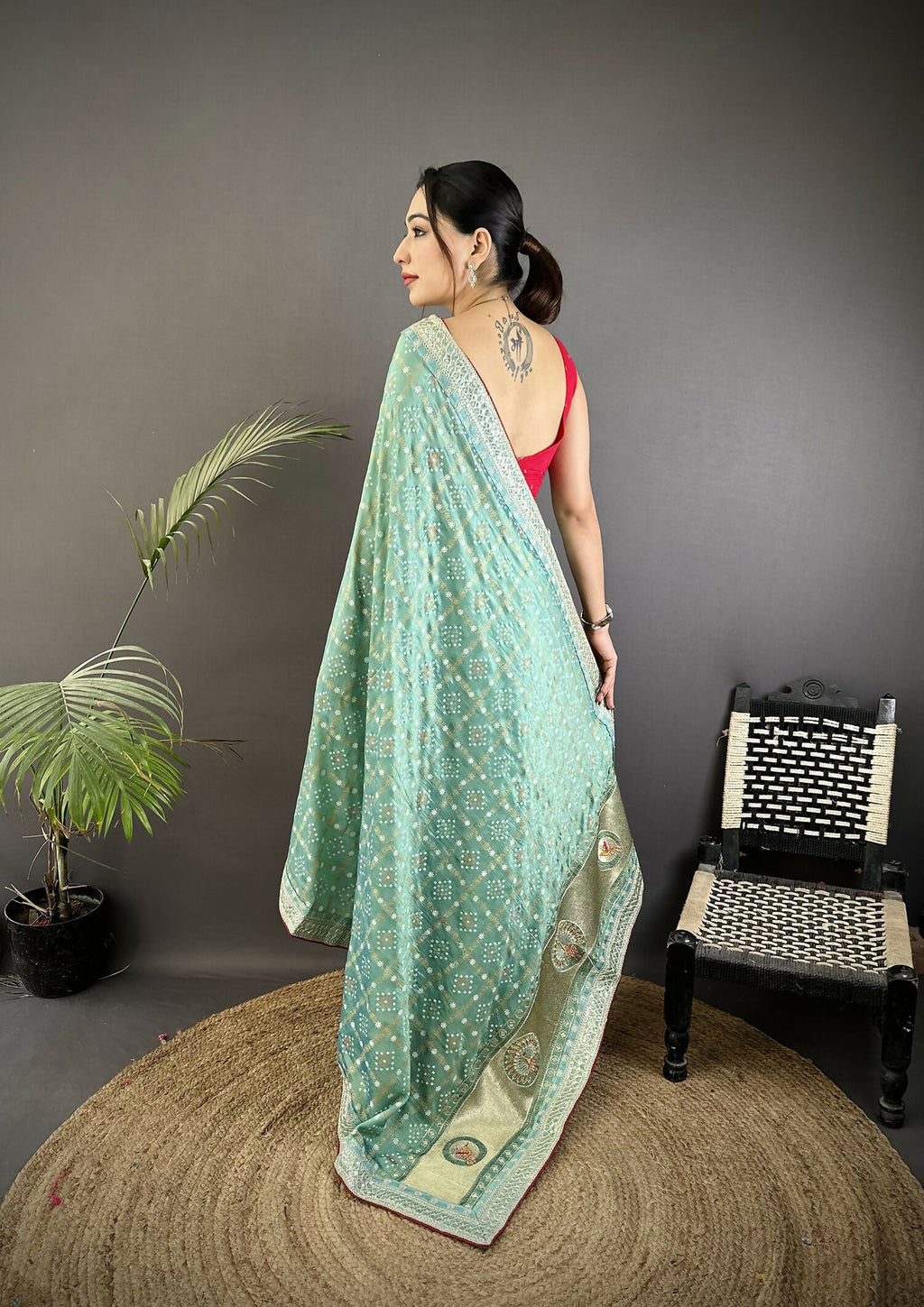 Sea Green Vichitra Silk Bandhani Print Saree with Traditional Motifs