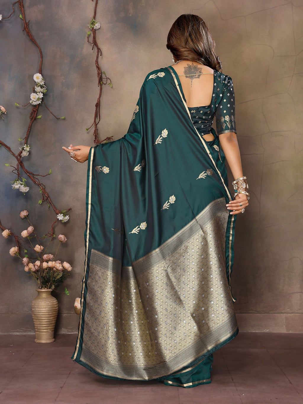 Dark Green Satin Silk Banarasi Saree with Floral Botanical Motifs