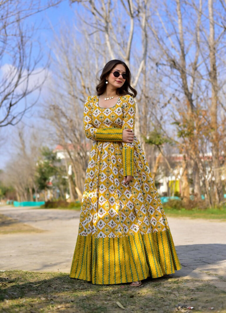 Mustard Heavy Digital Printed Cotton Silk Anarkali Maxi Dress