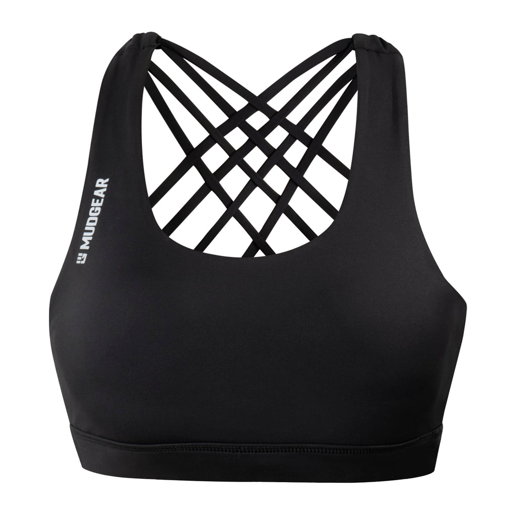Back view of a black Mudgear performance sports bra showing criss-cross straps and hidden pockets containing keys and a card.