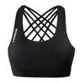 Back view of a black Mudgear performance sports bra showing criss-cross straps and hidden pockets containing keys and a card.