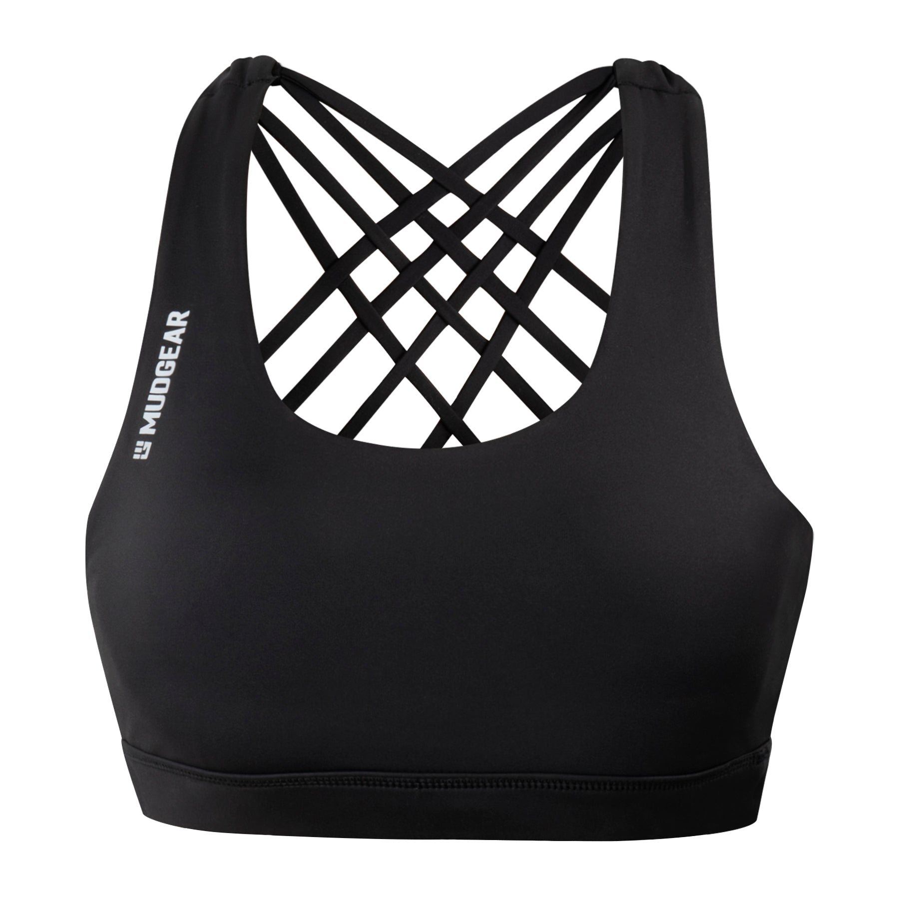 Back view of a black Mudgear performance sports bra showing criss-cross straps and hidden pockets containing keys and a card.