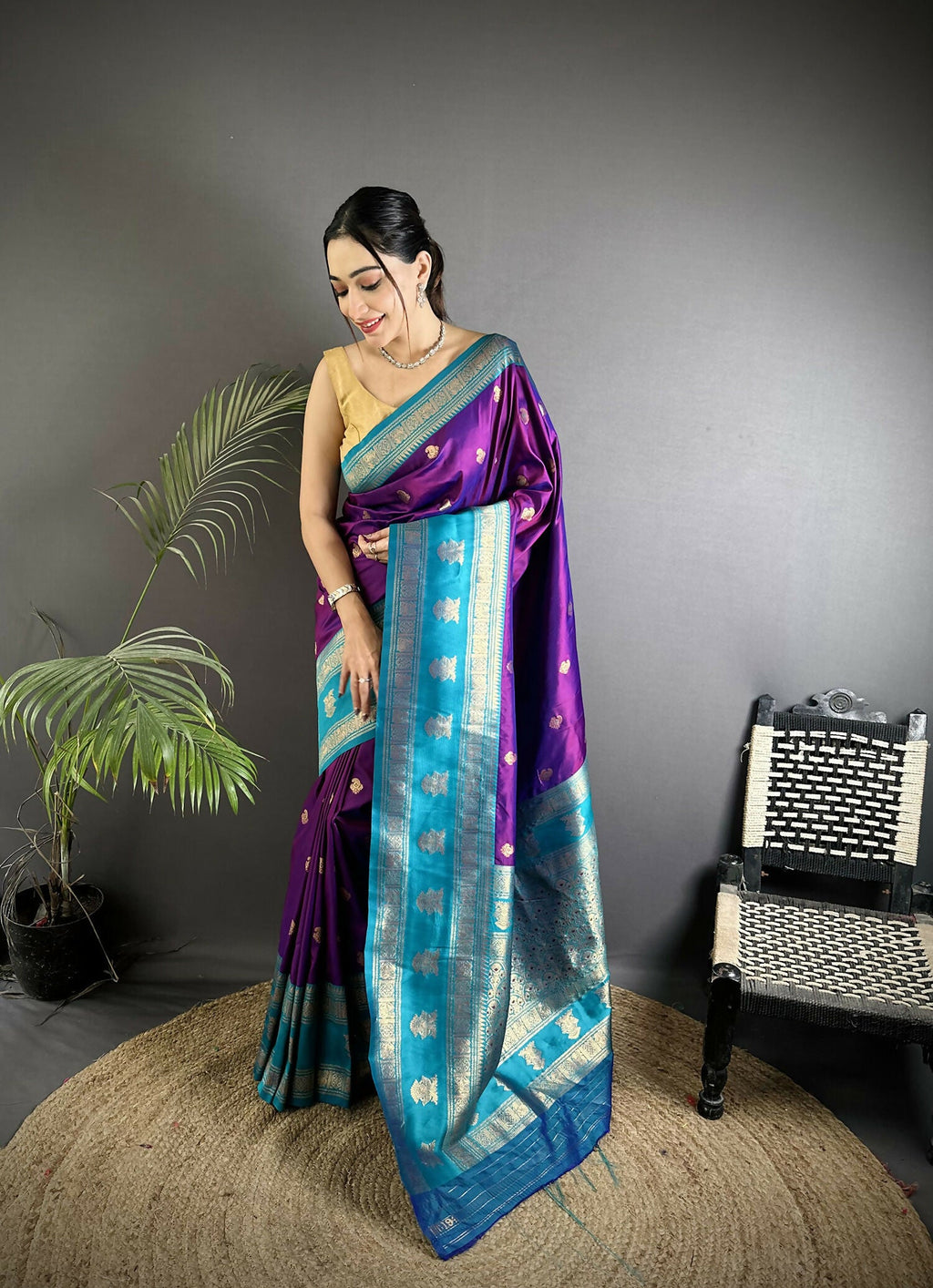 Elegant purple Banarasi soft silk saree with intricate woven butti design