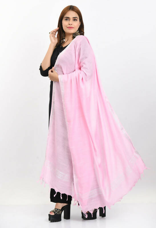 Baby Pink Linen Cotton Dupatta with Elegant Silver Border