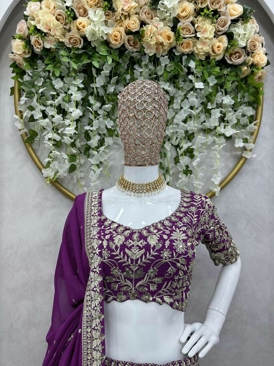 Wine Faux Georgette Sequin Embroidered Lehenga Choli Set