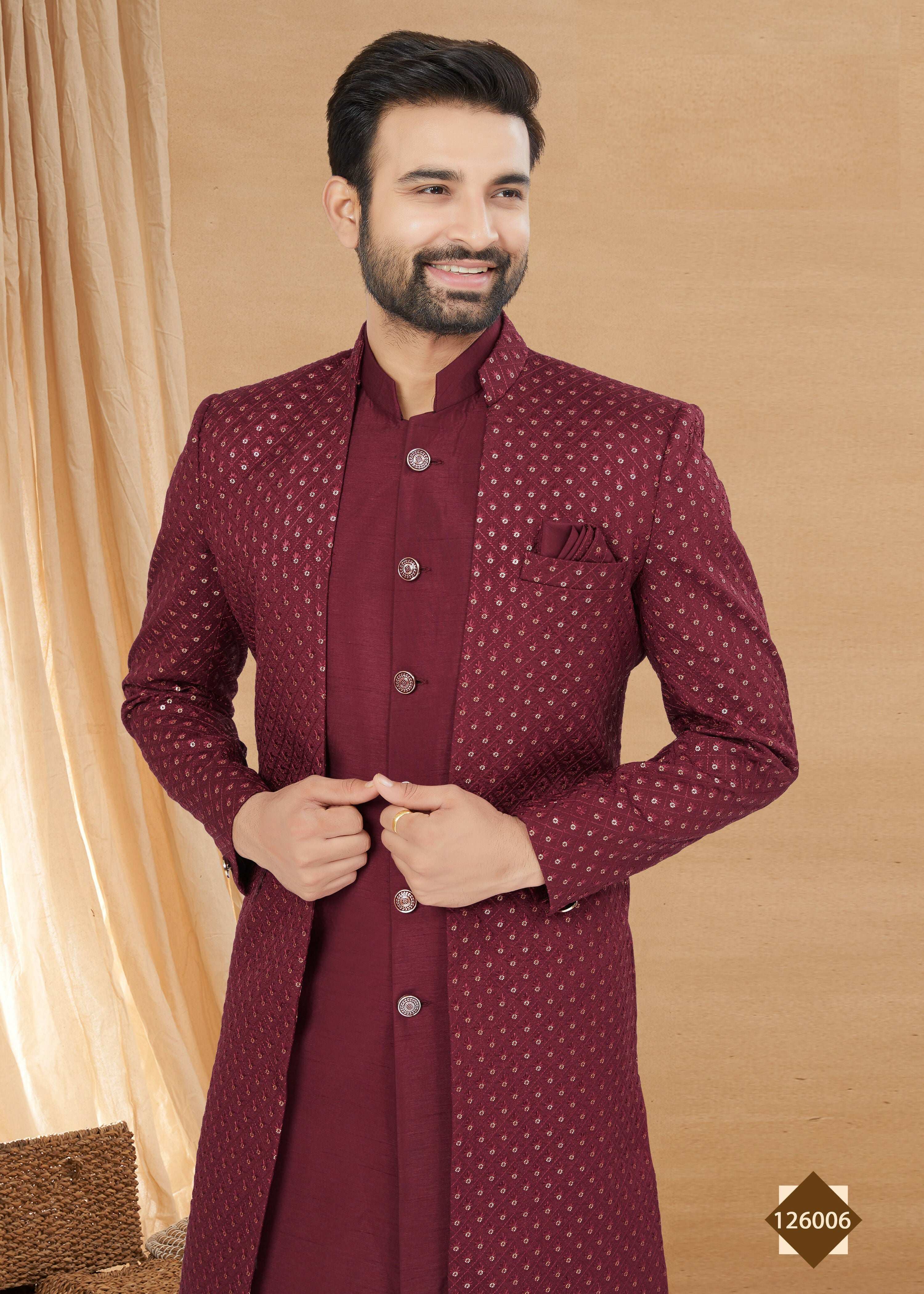 Men's Maroon Heavy Art Silk Indowestern Set with Jacket and Kurta