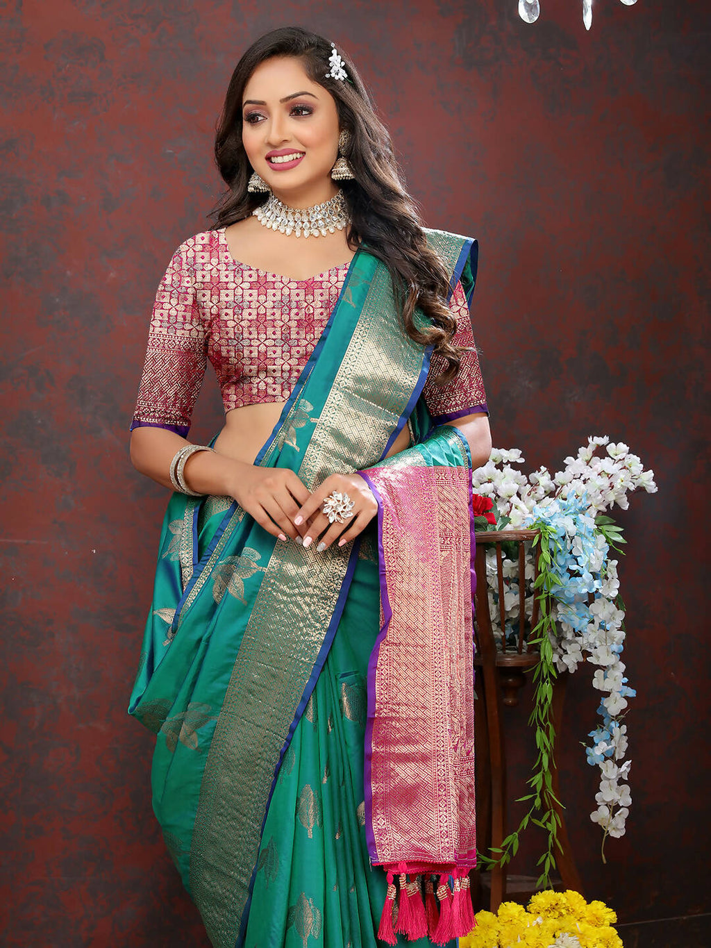 Beautiful Teal Soft Silk saree with Zari weaving and matching silk blouse