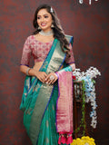 Beautiful Teal Soft Silk saree with Zari weaving and matching silk blouse