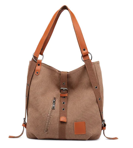 Women's Canvas Shoulder Tote Bag with Buckle and Zipper Detail - Image 6