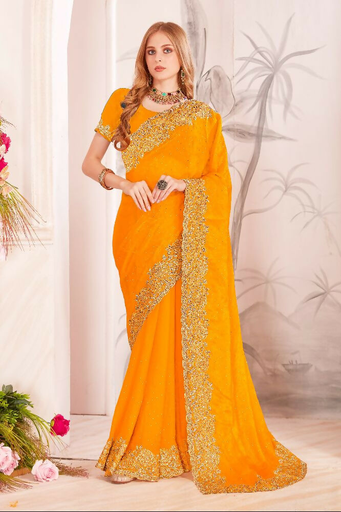 Mustard Fendi Silk Saree with Zari, Resham & Zircon Work