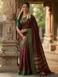 Elegant maroon soft silk saree with a smooth finish and matching blouse