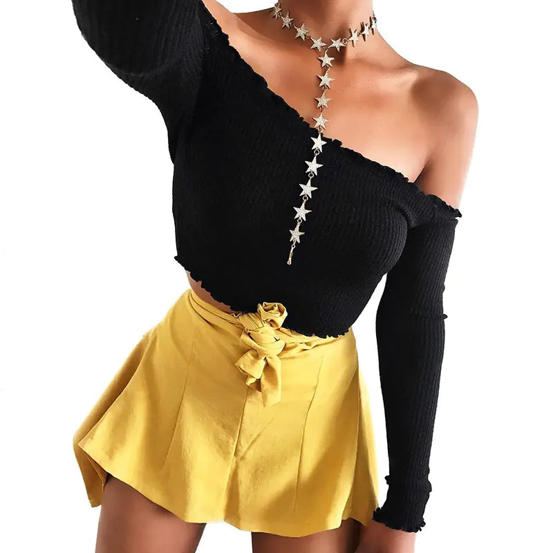 Women's Ribbed Off-Shoulder Long Sleeve Crop Top T-Shirt - Image 10