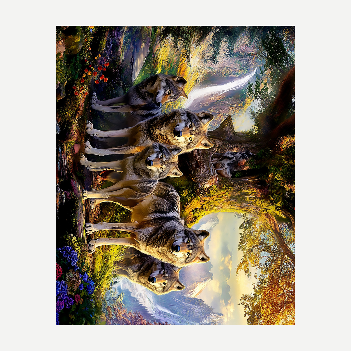 Decorative beach blanket featuring a pack of wolves in a detailed forest landscape.