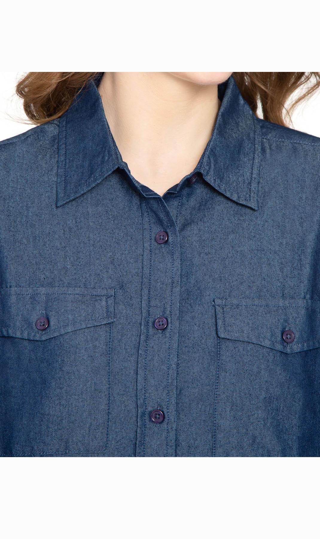 Women's Long Sleeve Denim Button Down Shirt with Front Pocket