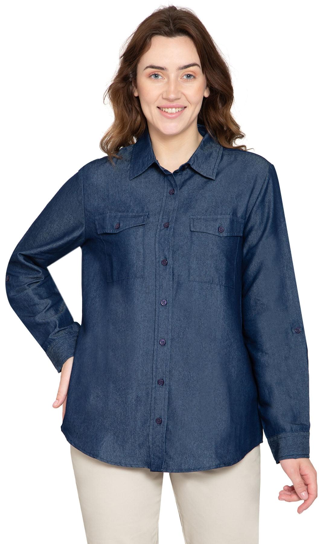 Women wearing a long sleeve blue button-down denim shirt with a front chest pocket