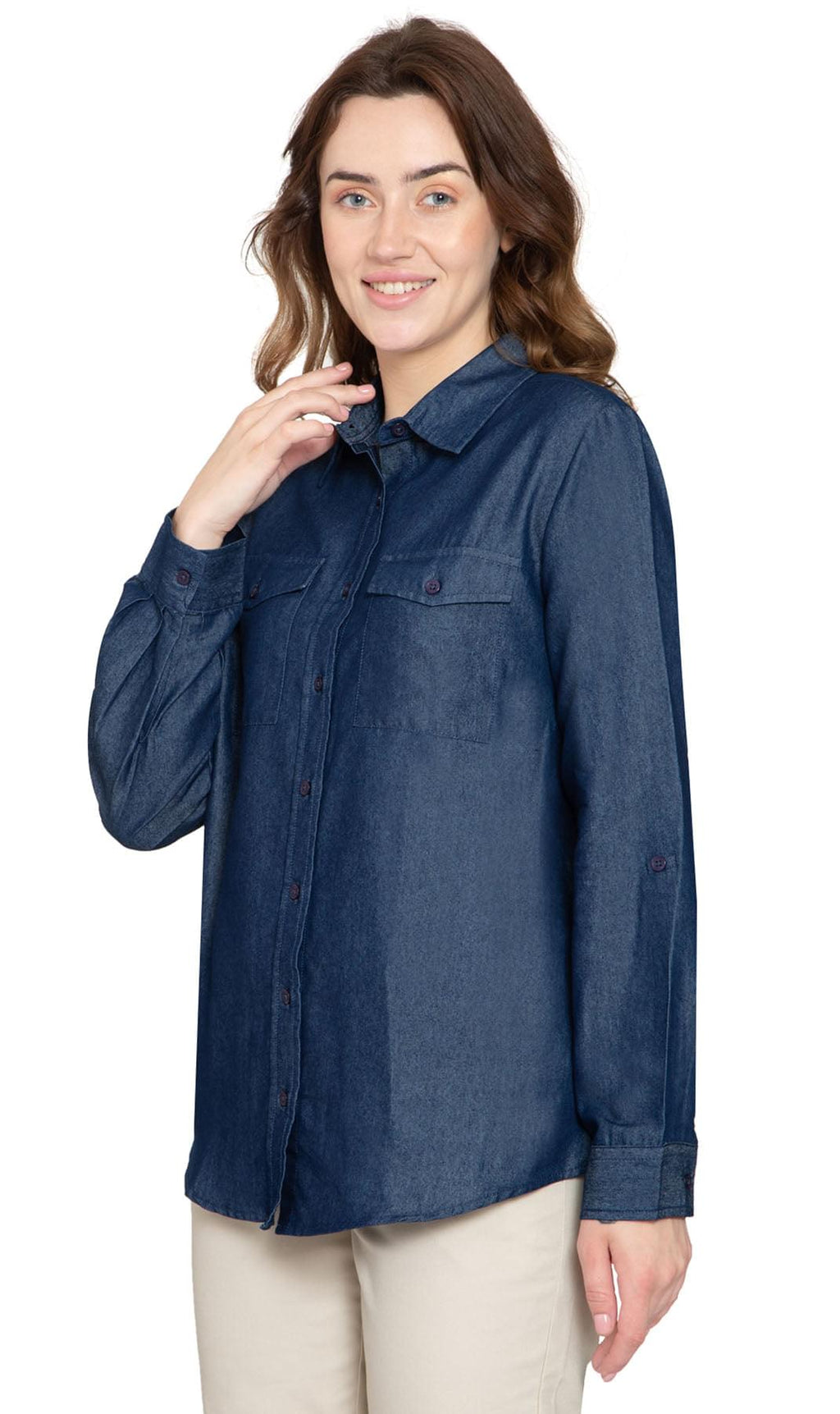 Women's Long Sleeve Denim Button Down Shirt with Front Pocket