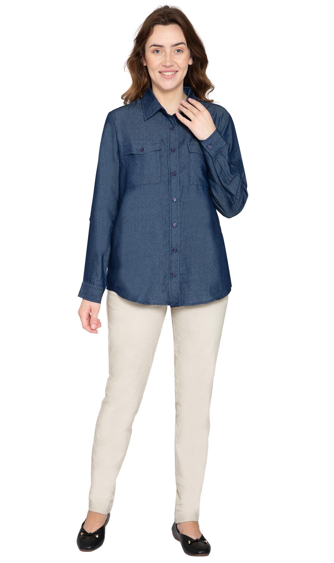 Women's Long Sleeve Denim Button Down Shirt with Front Pocket