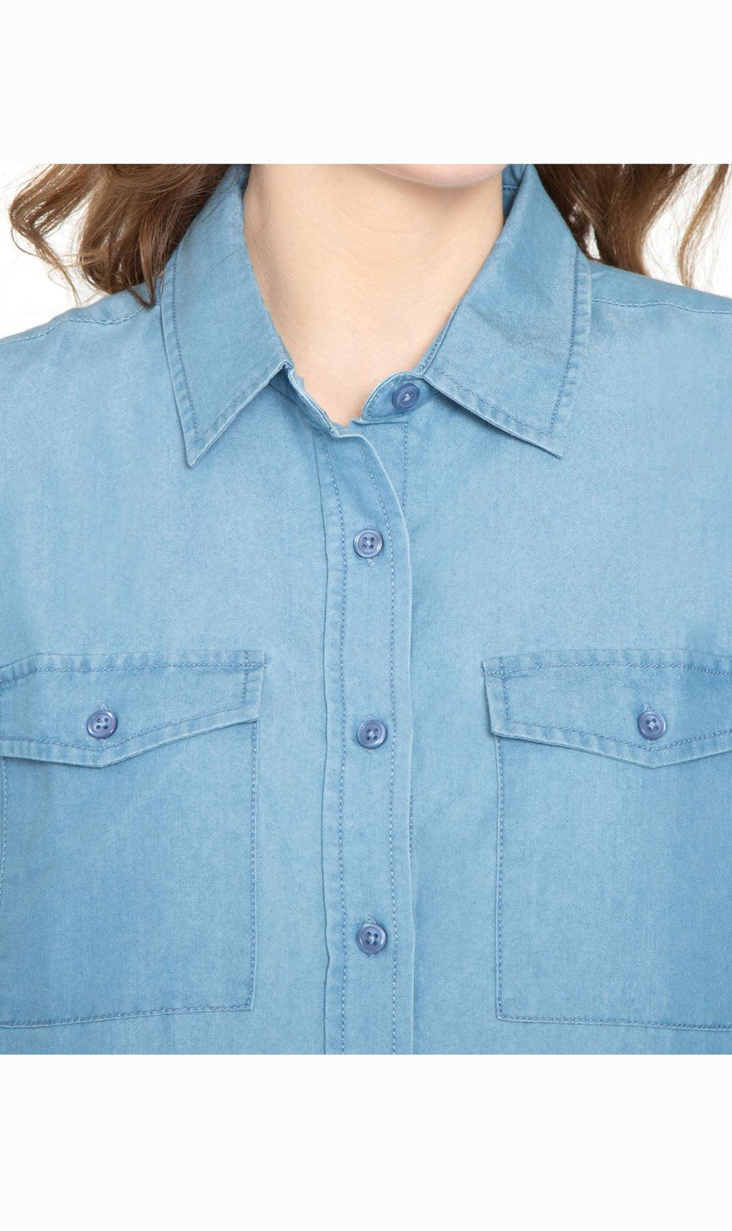 Women's Long Sleeve Denim Button Down Shirt with Front Pocket