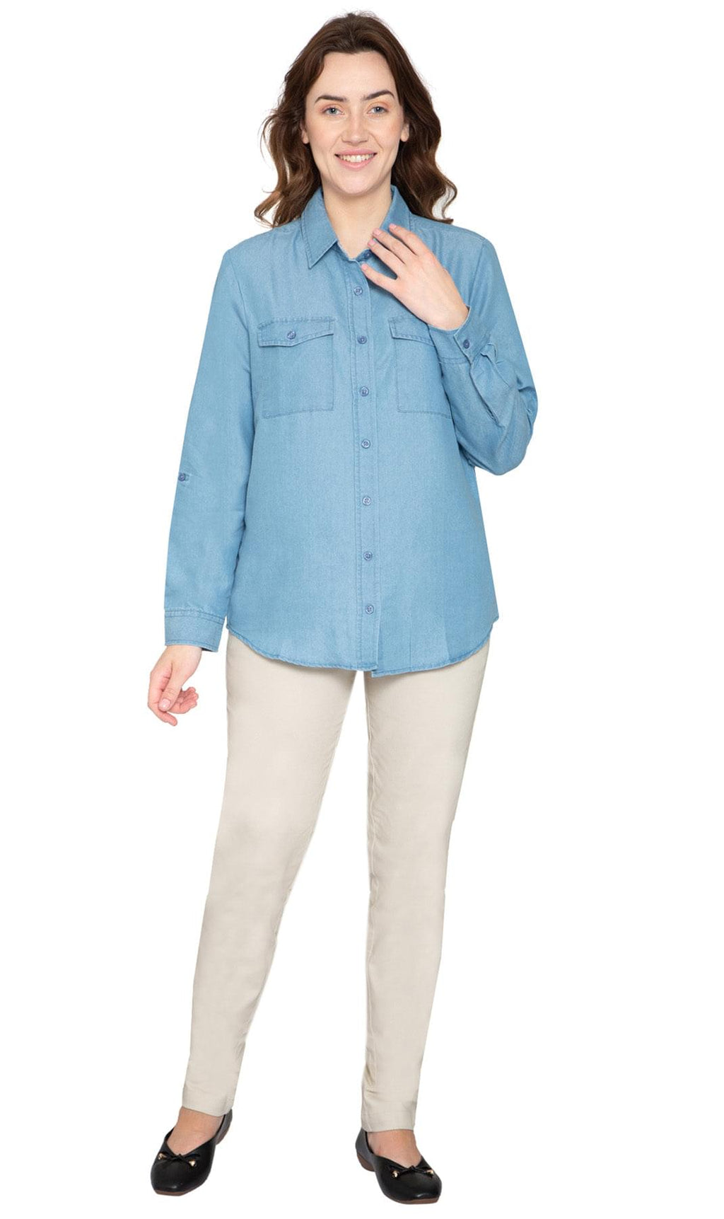Women's Long Sleeve Denim Button Down Shirt with Front Pocket