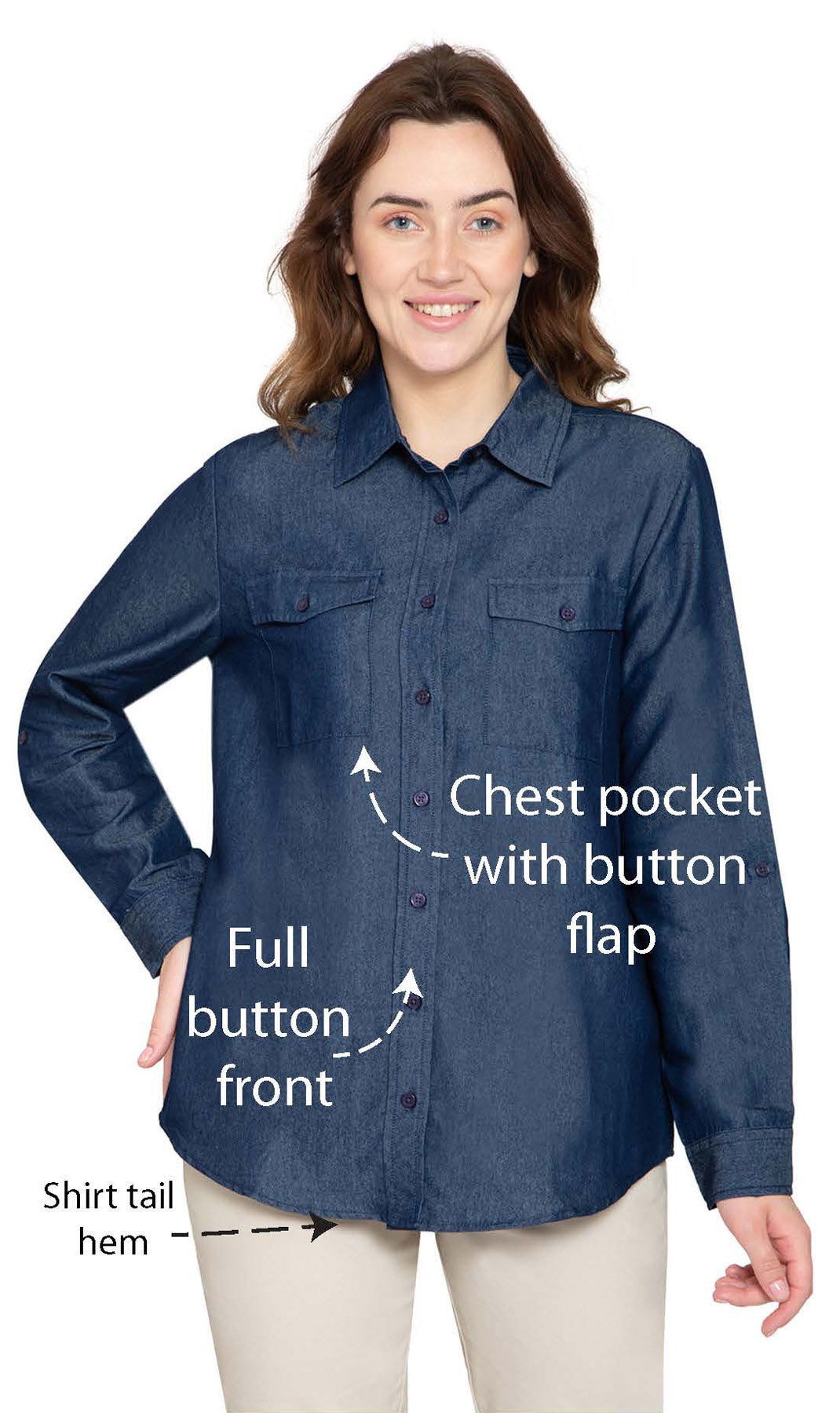 Women's Long Sleeve Denim Button Down Shirt with Front Pocket
