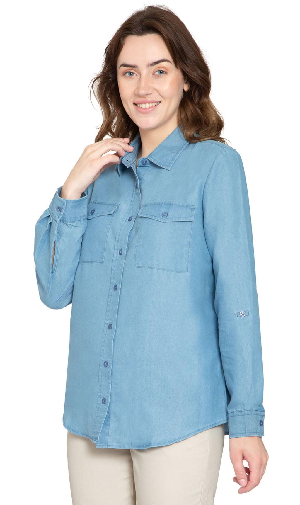 Women's Long Sleeve Denim Button Down Shirt with Front Pocket
