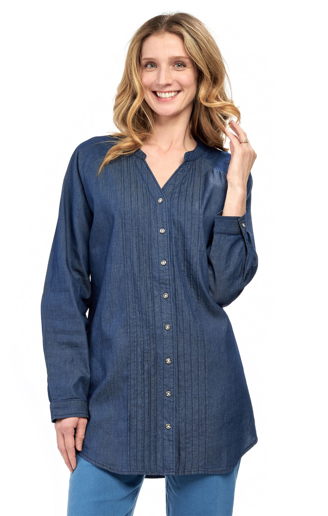 Women's blue denim button-front tunic top with pintuck pleating details.