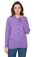 Woman wearing a solid color cashmere-like knit cardigan with faux pearl buttons in purple