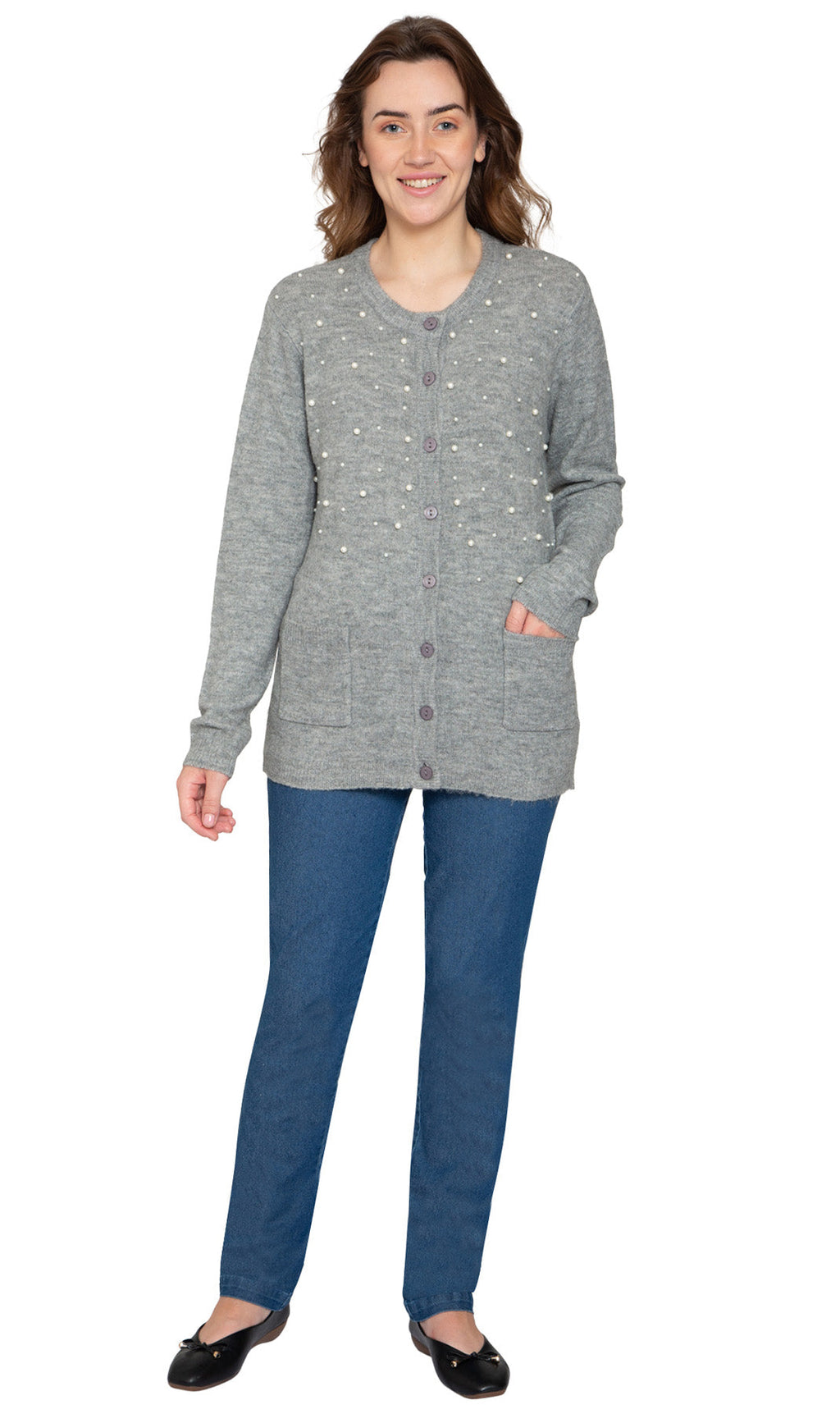 Women's Faux Pearl Button Cardigan Soft Cashmere-Like Knit Top
