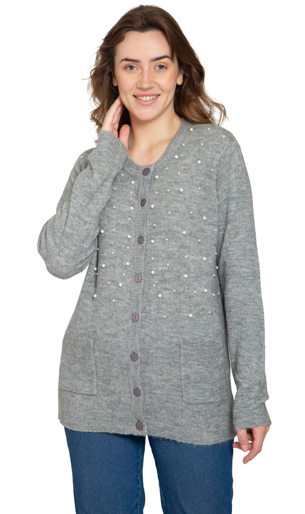 Women's Faux Pearl Button Cardigan Soft Cashmere-Like Knit Top